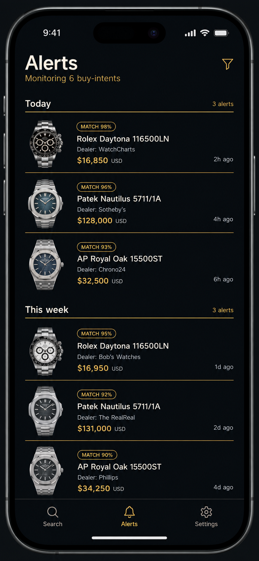 Vestari alerts screen